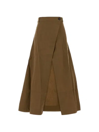 Le Kasha Wrap-front Linen Skirt In Brown