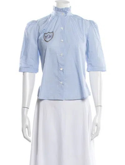 Pre-owned Le Lion Striped Three-quarter Sleeve Button-up Top In Blue