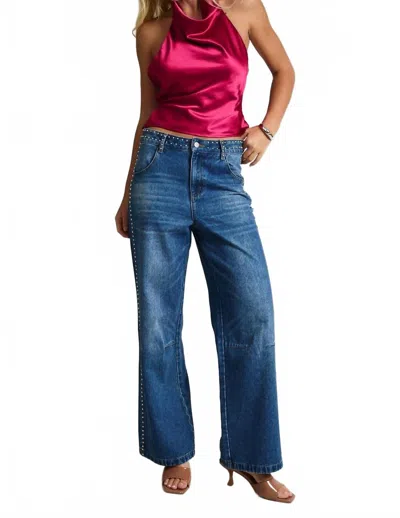 Le Lis Ashtin Mid-rise Denim Pants With Stud Detail In Dark Wash In Blue