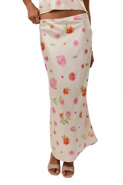 Le Lis Bias-cut Midi Skirt In Cream-rose Floral In White