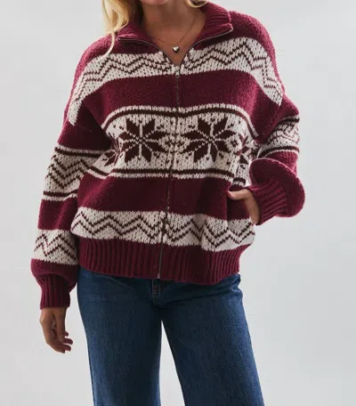 Le Lis Collared Zip Up Sweater Jacket In Burgundy