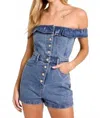 Le Lis Collins Off The Shoulder Romper In Denim In Blue