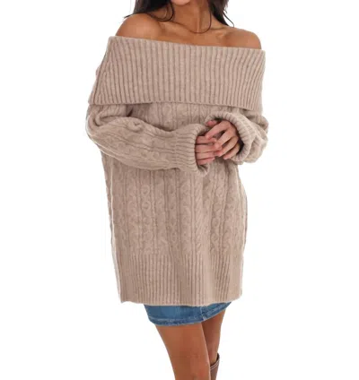Le Lis Denver Off Shoulder Cable Knit Sweater In Tan In Brown