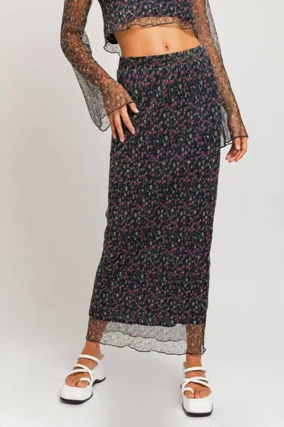 Le Lis Flared Mesh Printed Maxi Skirt In Teal-pink In Multi