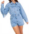 Le Lis Fringe Denim Romper In Blue In Blue