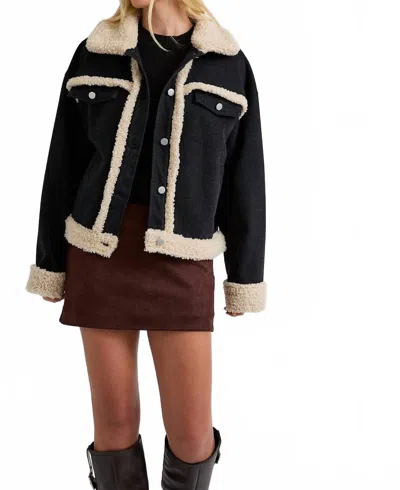Le Lis Fur Contrast Jacket In Black Denim