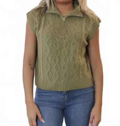 Le Lis Half Zip Sleeveless Cable Sweater Top In Olive In Green