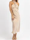 LE LIS HALTER TIE SATIN MIDI DRESS IN CHAMPAGNE