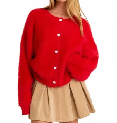 Le Lis Heart Button Detail Sweater Cardigan In Red