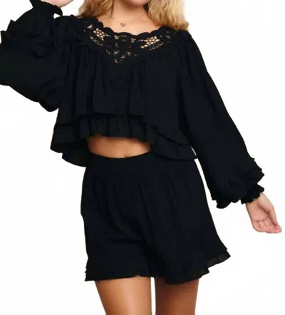 Le Lis Lace Patch Lare Top With Ruffled Shorts Set In Black