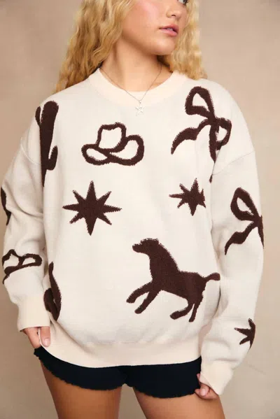 Le Lis Long Sleeve Crew Neck Multi Cowboy Pattern Sweater In Cream/brown In Neutral