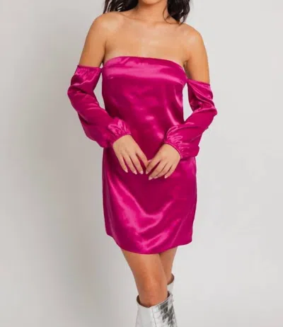 Le Lis Long Sleeve Off Shoulder Satin Mini Dress In Magenta In Pink