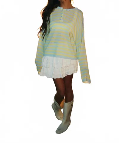 Le Lis Long Sleeve Rolled Hemline Half Button Sweater In Blue/yellow Stripe