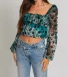 Le Lis Long Sleeve Square Neck Floral Flocking Top In Green-black Floral In Multi