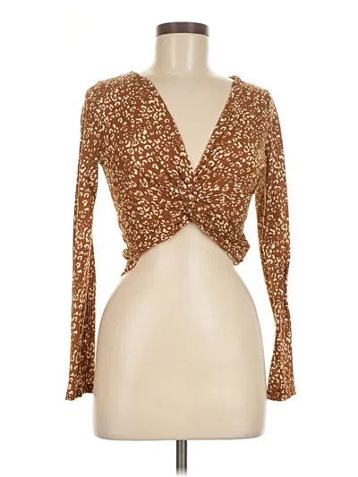Pre-owned Le Lis Long Sleeve Top Brown Plunge Neckline Tops