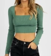Le Lis Longsleeve Knit Tie Back Crop Top In Emerald In Gold