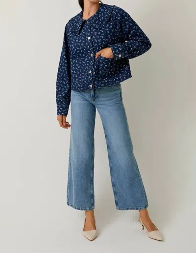 Le Lis Mckenna Floral Peter Pan Collar Jacket In Medium Blue Denim