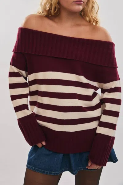 Le Lis Off Shoulder Stripe Oversized Sweater In Maroon In Multi