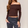 Le Lis Off Shoulder Tie Back Ribbed Sweater In Brown In Brown