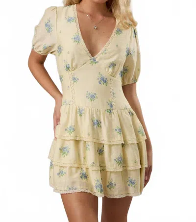 Le Lis Paula Puff Sleeve Tiered Floral Mini Dress In Butter/blue In Yellow