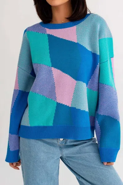 Le Lis Plaid Fusion Abstract Print Sweater In Blue/pink In Multi