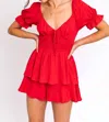 Le Lis Puff Sleeve Romper In Romance In Red