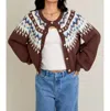 Le Lis Raglan Sleeve Fairisle Sweater Cardigan In Dk Brown In Multi