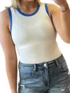 Le Lis Round Neck Ribbed Color Block Bodysuit In White/blue In Multi