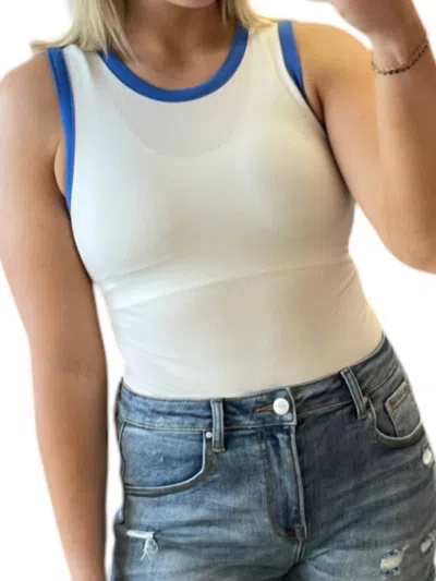 Le Lis Round Neck Ribbed Color Block Bodysuit In White/blue In Multi