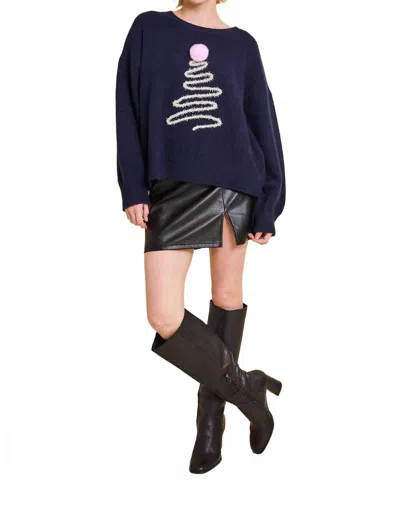 Le Lis Round Neck Tree Applique Sweater In Navy In Blue