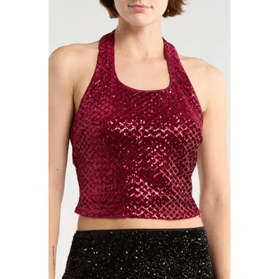 Le Lis Sequined Velvet Halter Top In Burgundy