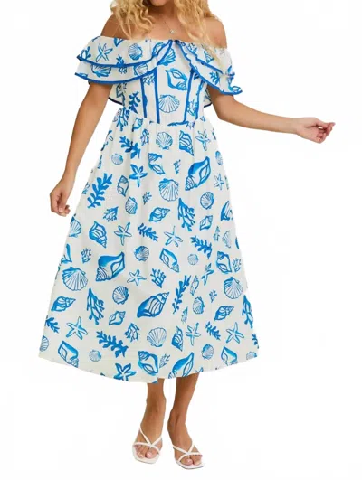 Le Lis Shelly Off Shoulder Midi Dress In White/ Blue