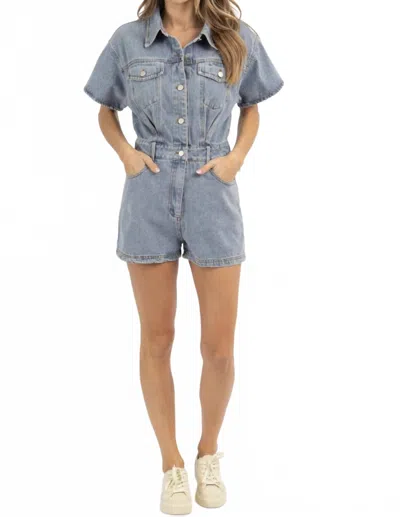 Le Lis Short Sleeve Denim Romper In Dark Wash In Blue