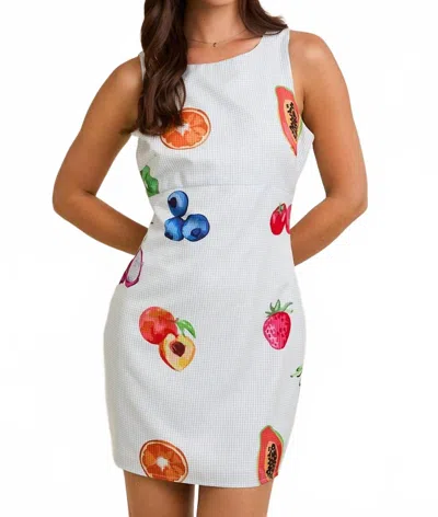 Le Lis Sleeveless Fruit Print Gingham Mini Dress In Blue + Multi In White