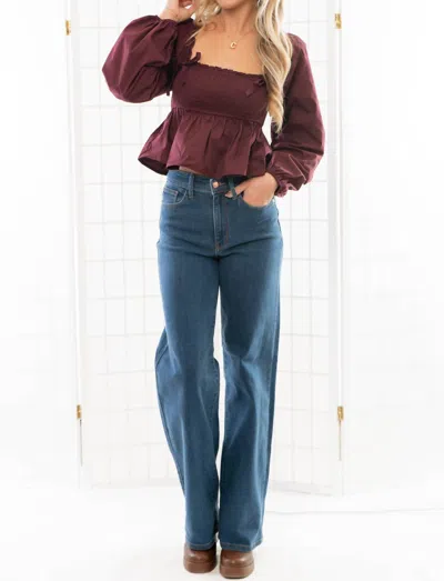 Le Lis Square Neck Smocked Top In Burgundy In Red