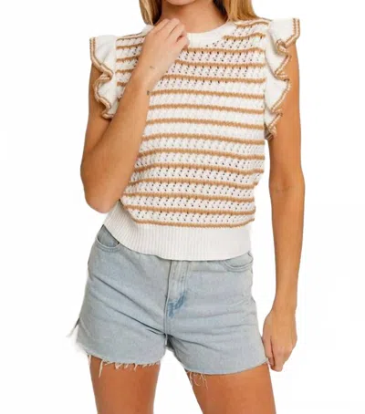 Le Lis Stripe Delight Ruffle Sleeve Knit Top In White & Tan