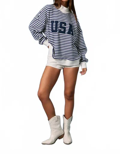 Le Lis Stripe Mock Neck Sweatshirt With Usa In Navy In Blue