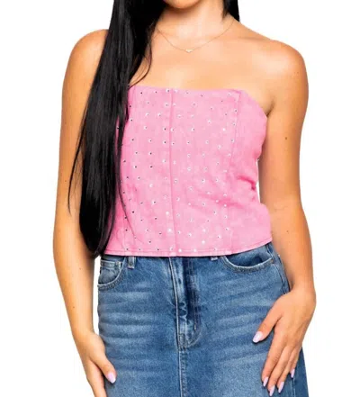 Le Lis Swifty Rhinestone Denim Tube Top In Hot Pink