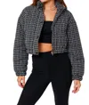 LE LIS TWEED CROP PUFFER JACKET IN BLACK,WHITE