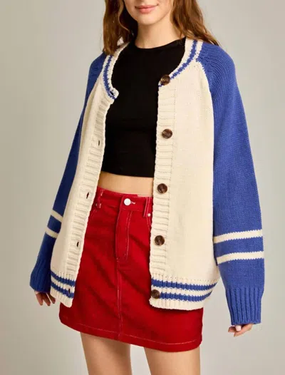 Le Lis Varsity Knit Cardigan In Ivory/blue In Multi