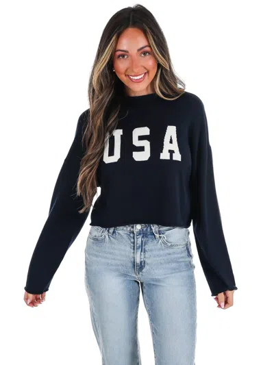 Le Lis Varsity Usa Mock Neck Crop Sweater In Navy In Blue