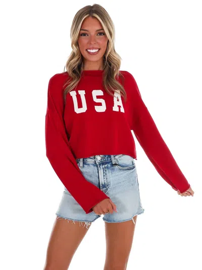 Le Lis Varsity Usa Mock Neck Crop Sweater In Red
