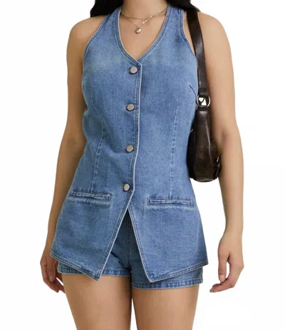 Le Lis Vest-style Romper With Micro Shorts In Denim In Blue