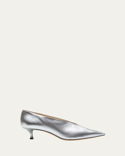Le Monde Beryl Babouche Metallic Leather Kitten Pumps In Silver