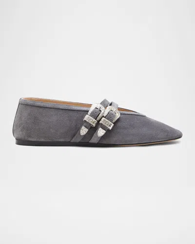 Le Monde Beryl Claudia Mary Jane Buckle Suede Ballerina Flats In Gray