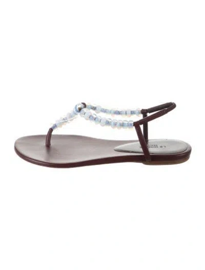 Pre-owned Le Monde Beryl Leather Beaded Accents Sandals In Brown
