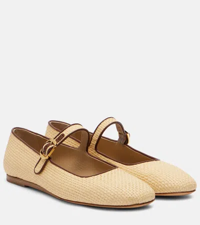 Le Monde Beryl Leather-trimmed Raffia Mary Jane Flats In Sand