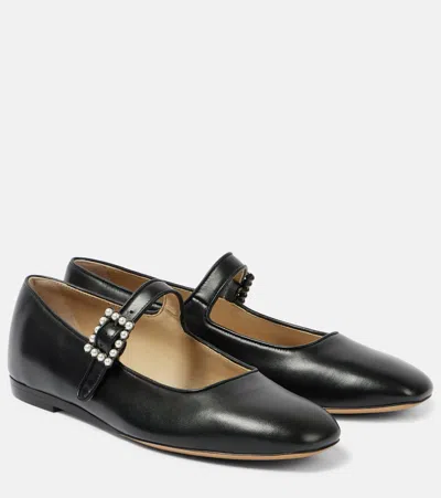 Le Monde Beryl Pearl-embellished Leather Mary Jane Flats In Black