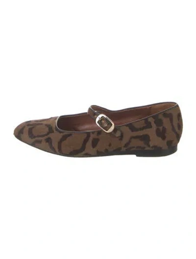 Pre-owned Le Monde Beryl Ponyhair Animal Print Mary Jane Flats In Brown