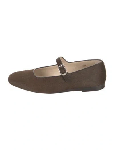 Pre-owned Le Monde Beryl Ponyhair Leather Trim Embellishment Mary Jane Flats In Brown